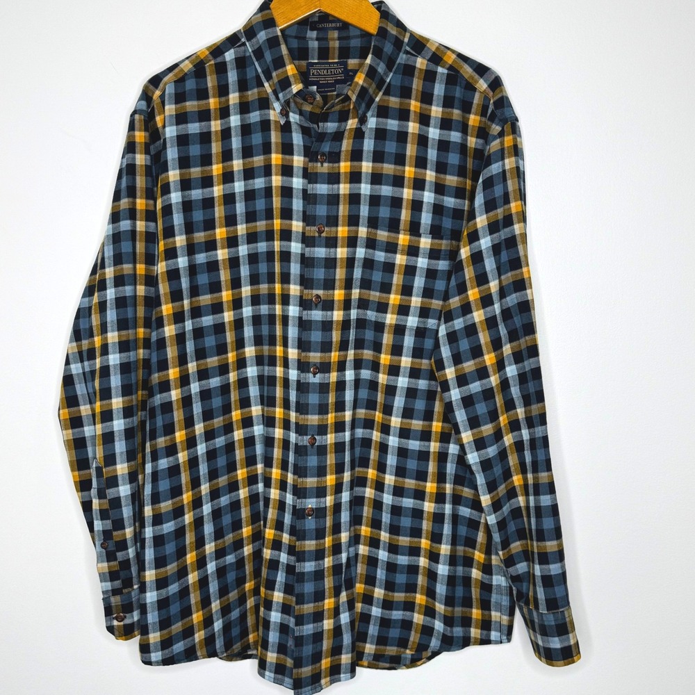 Pendleton‎ Canterbury Plaid Flannel Shirt Mens XL Blue/Yellow